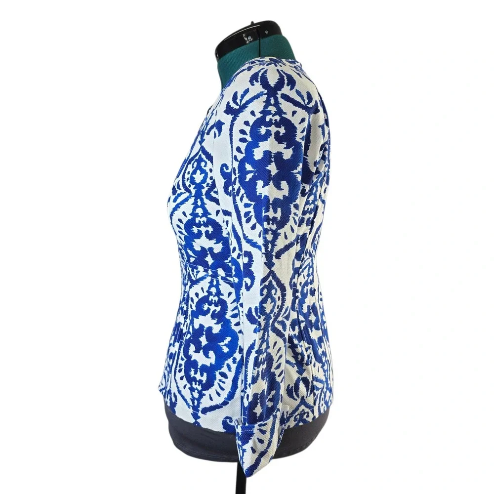 Chicos Women's Blazer Size 0 Blue White Floral‎ Jacquard 3/4 Sleeve Career